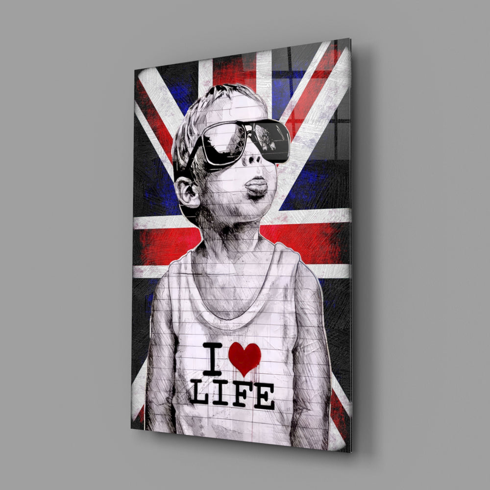 I Love Life close-up showing boy with weathered Union Jack