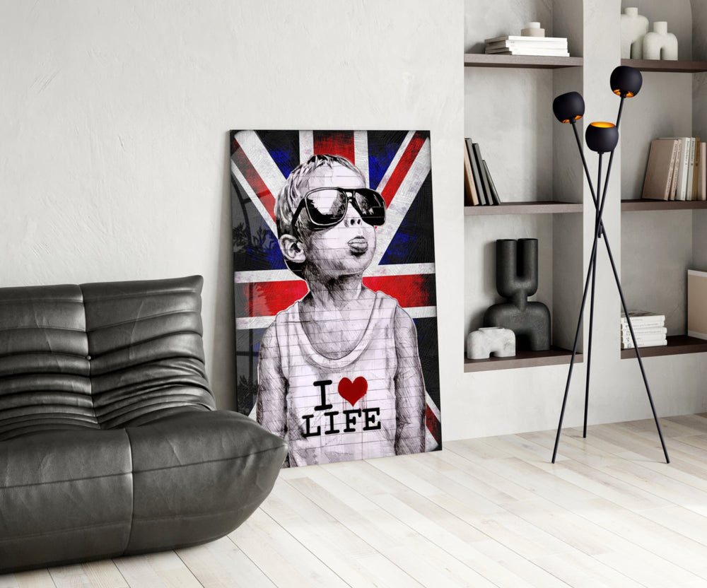 I Love Life glass print enhancing a den with statement firepower