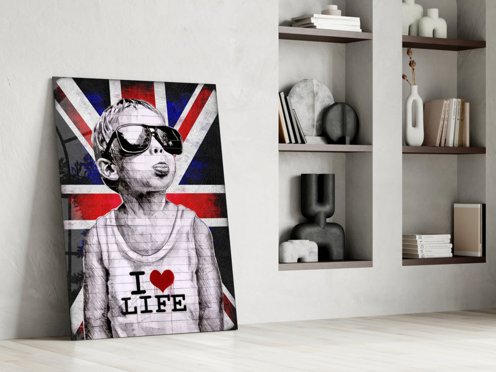 Stencil-boy artwork anchoring a wall with scarlet-and-cobalt palette