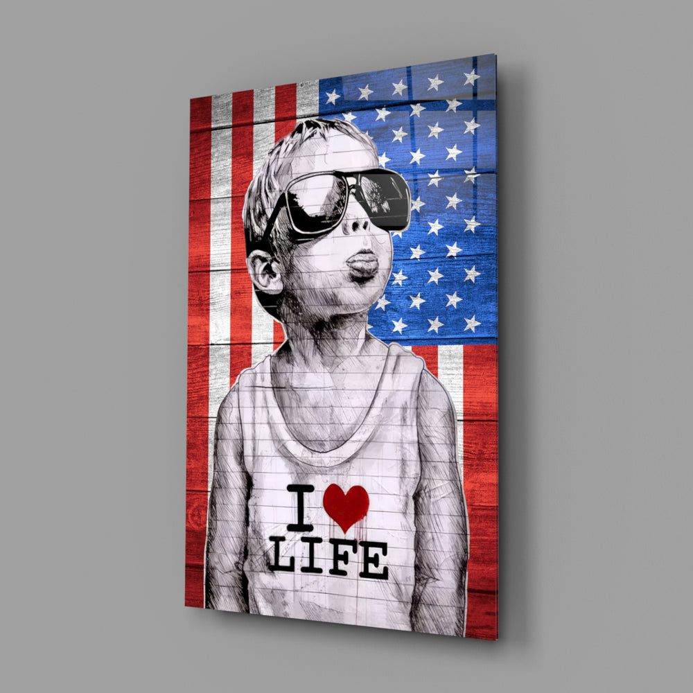 I Love Life close-up showing boy with painterly American flag