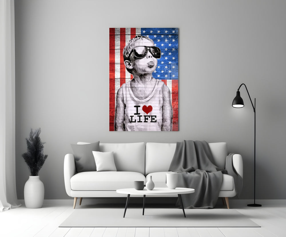 I Love Life glass wall art styled above a console in a media room