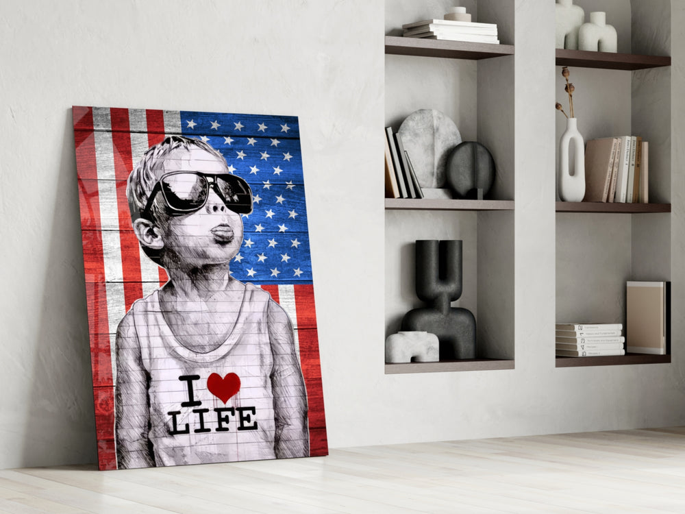 Stencil-boy artwork anchoring a wall with scarlet-and-cobalt palette