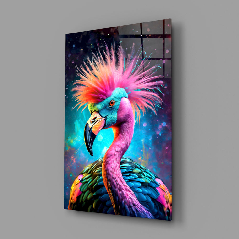 Rockamingo close-up showing magenta mohawk and rainbow plumage