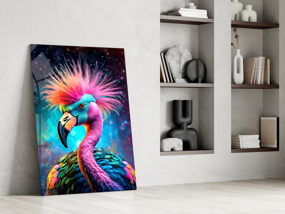 Punk-flamingo artwork anchoring a wall with magenta-and-cyan palette