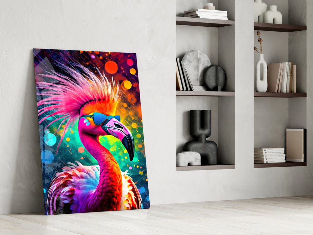 Punk-flamingo artwork anchoring a wall with magenta-and-cosmic palette