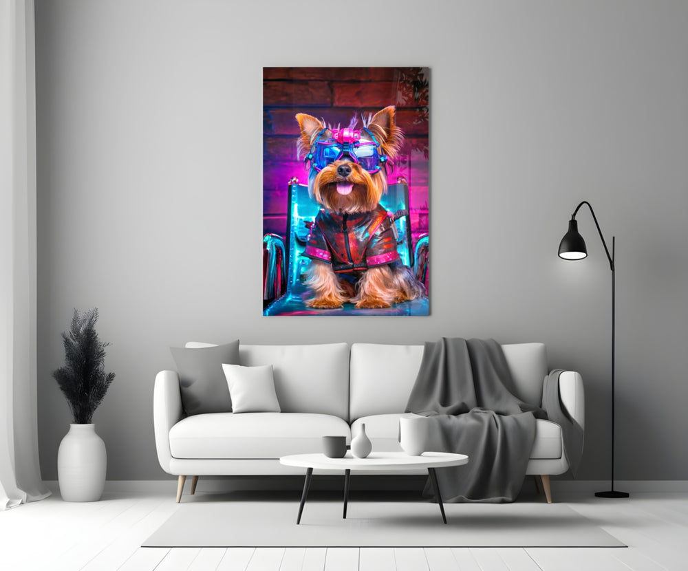 Hip Dog glass wall art styled above a sideboard in a media room