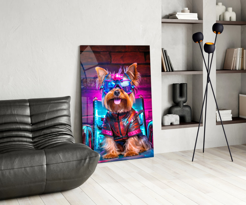 Hip Dog glass print enhancing a den with cyberpunk firepower