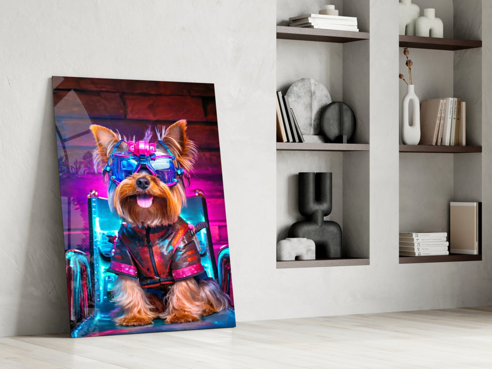 Neon-canine artwork anchoring a wall with magenta-and-cobalt palette