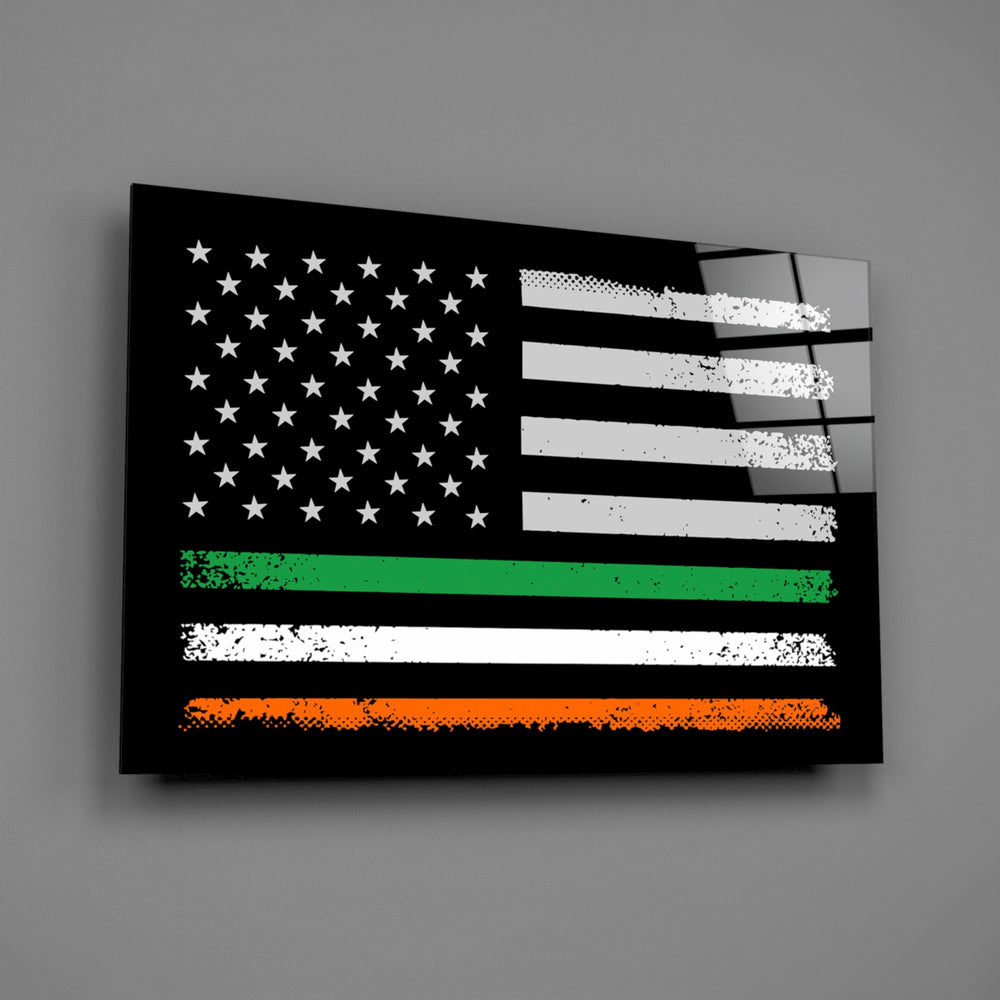 USA Ireland Flag close-up showing Irish stripe through American flag
