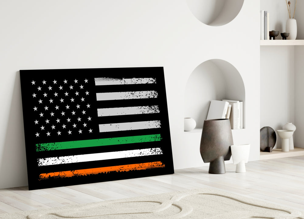 USA Ireland Flag glass wall art styled above a sideboard in a den