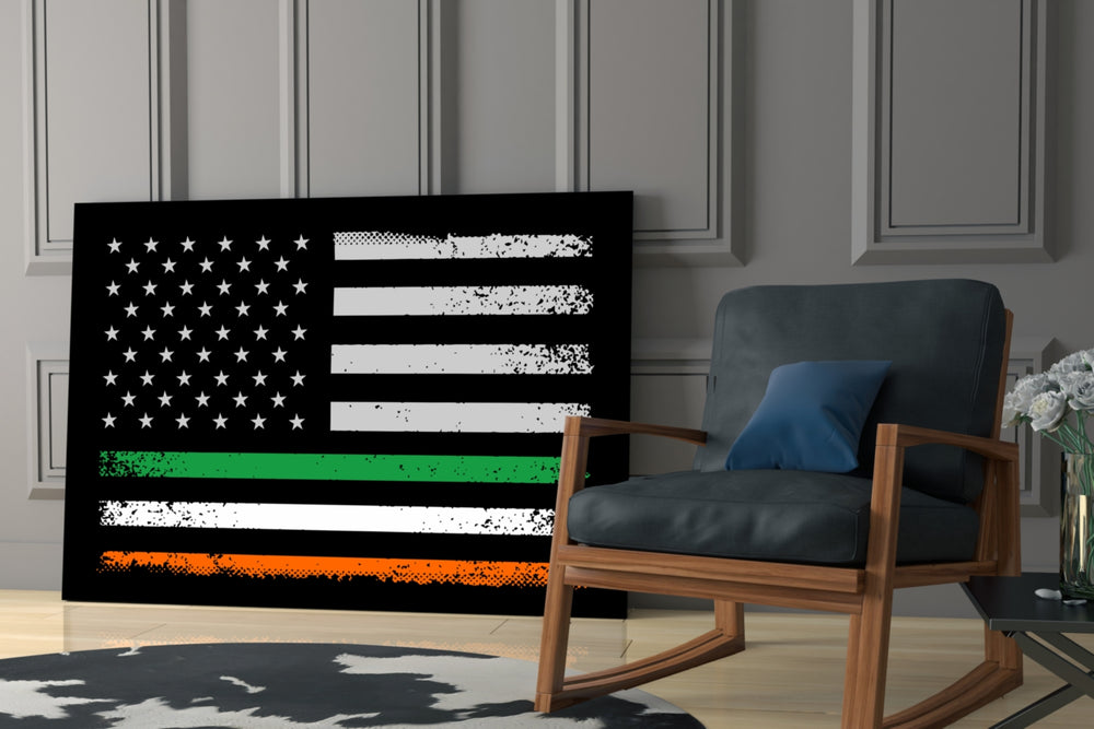 Fusion-flag artwork anchoring a wall with green-and-orange palette