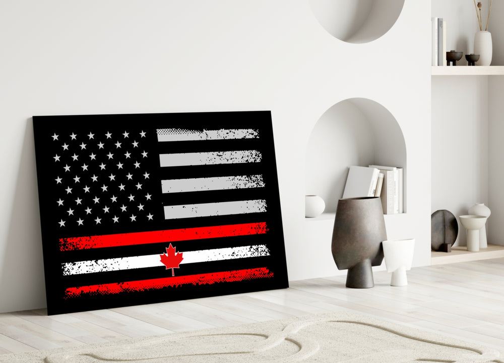 USA Canada Flag glass wall art styled above a sideboard in a den