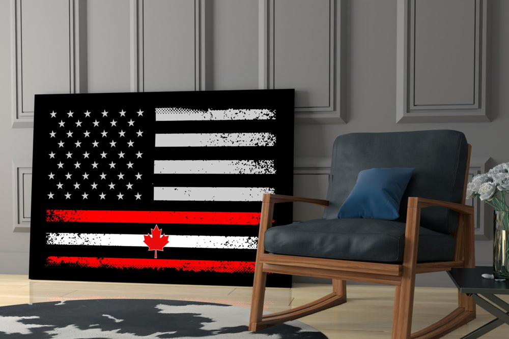 Fusion-flag artwork anchoring a wall with scarlet-and-monochrome palette