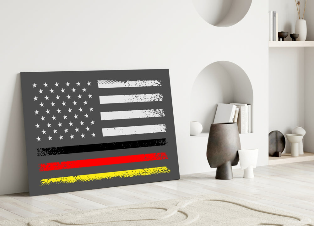 USA Germany Flag glass wall art styled above a sideboard in a den