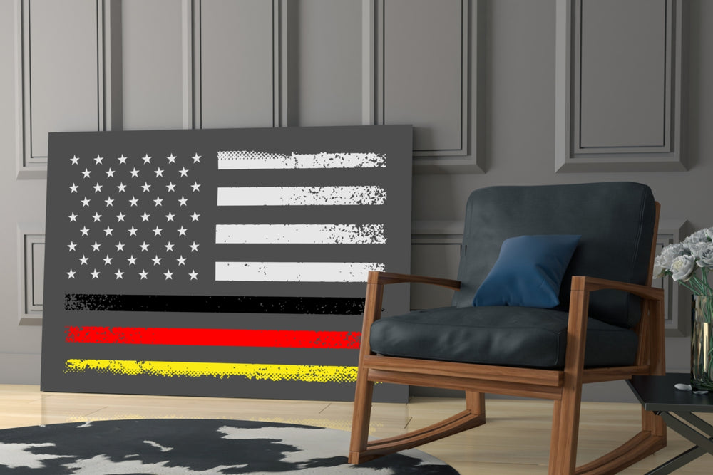 Fusion-flag artwork anchoring a wall with scarlet-and-gold palette