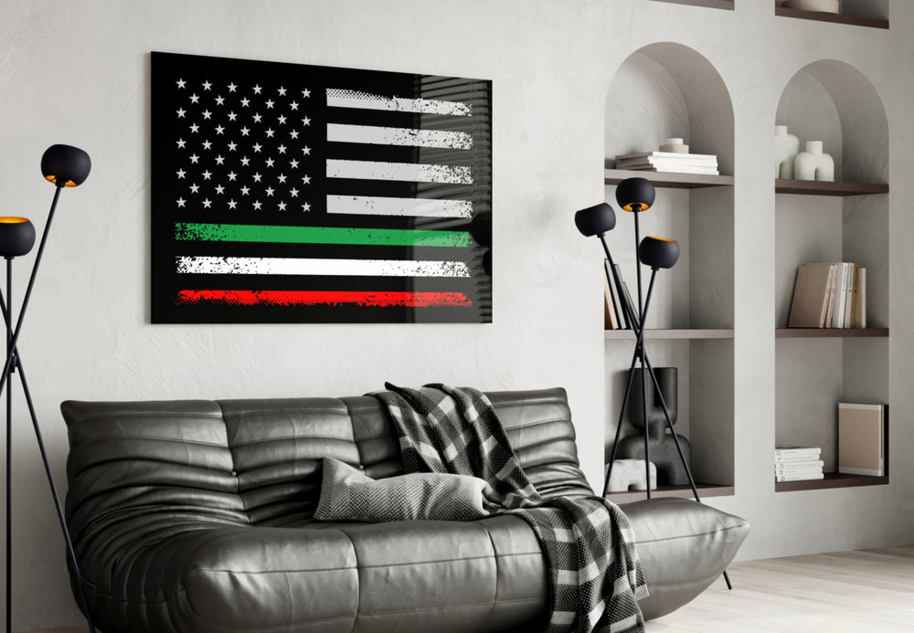 USA Italia Flag panel adding editorial drama to a hallway