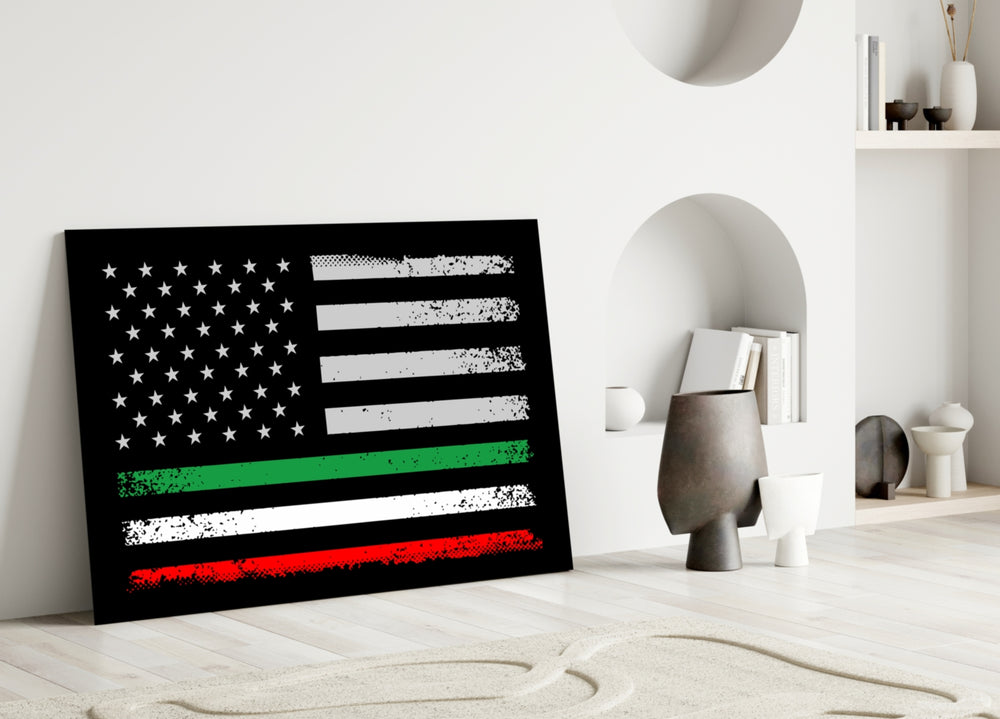 USA Italia Flag glass wall art styled above a sideboard in a den