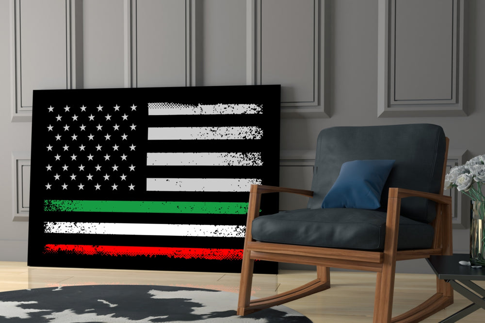 Fusion-flag artwork anchoring a wall with green-and-scarlet palette