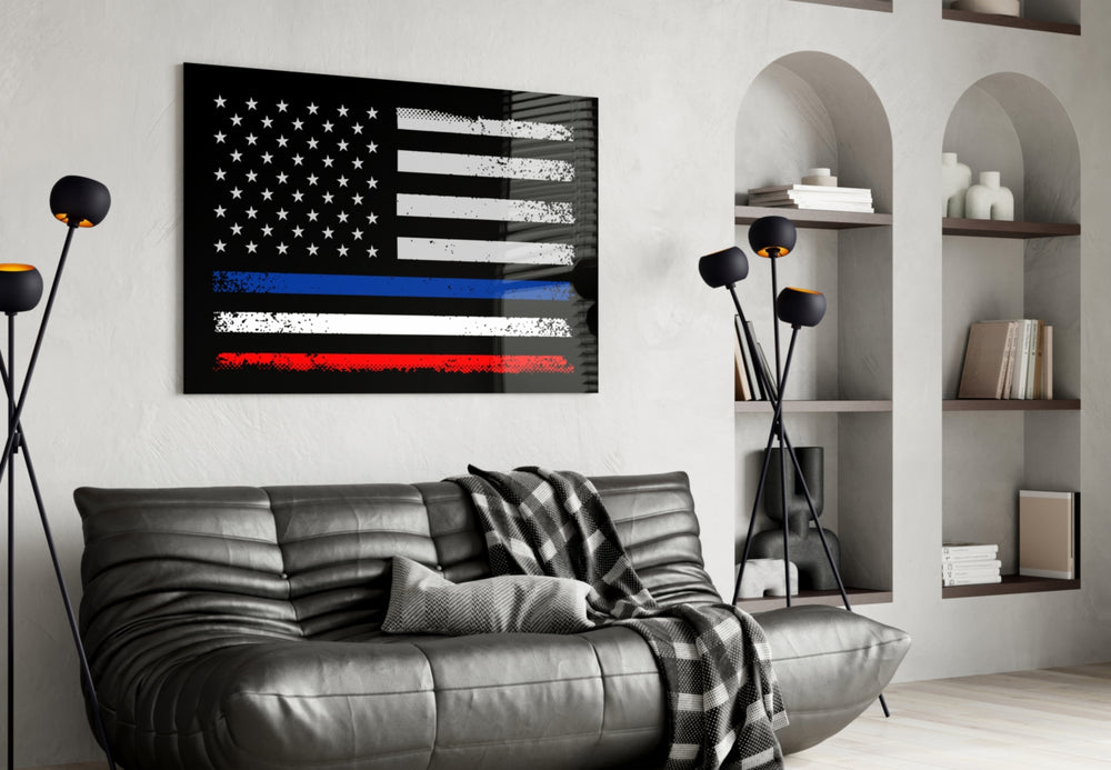 USA France Flag panel adding editorial drama to a hallway