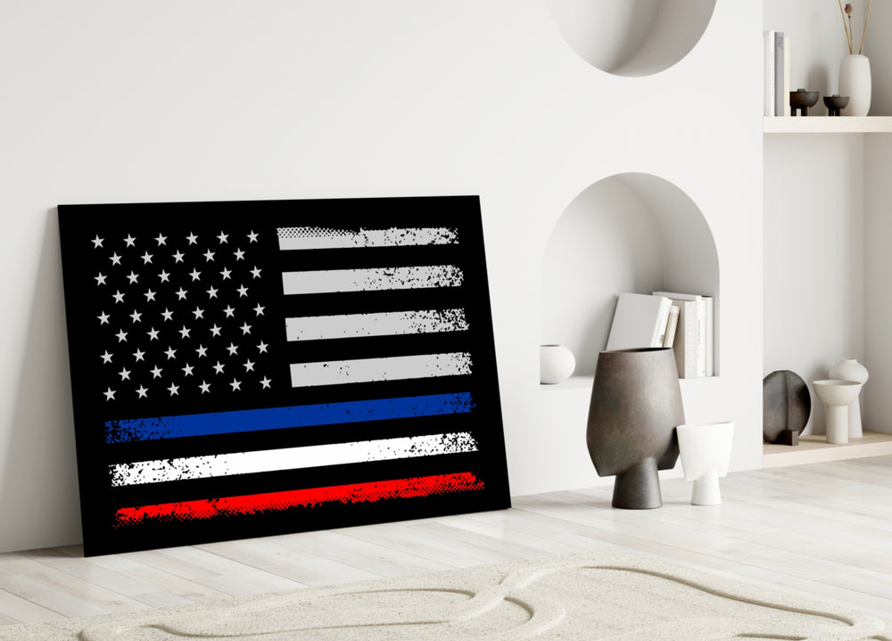 USA France Flag glass wall art styled above a sideboard in a den