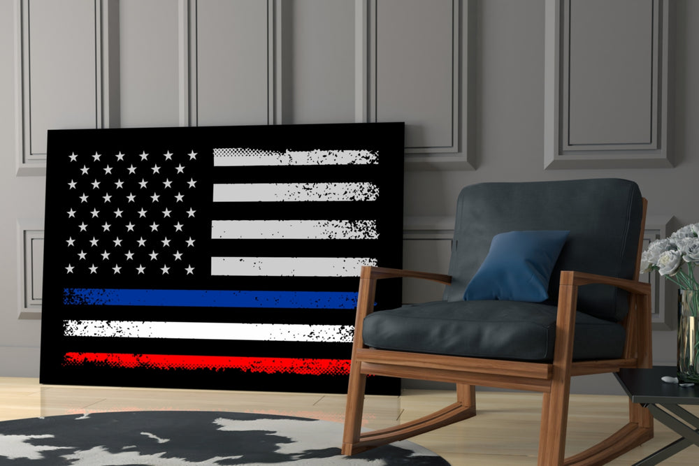 Fusion-flag artwork anchoring a wall with cobalt-and-scarlet palette