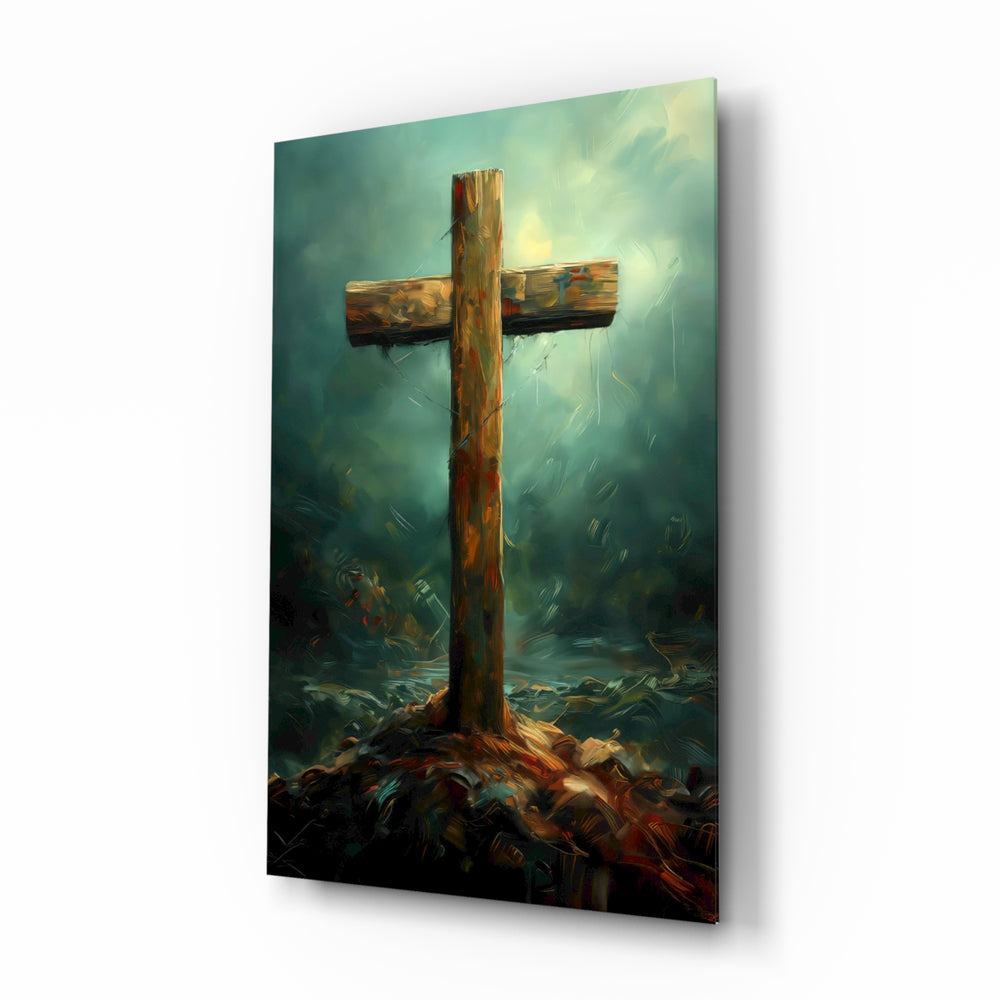 Painterly-spiritual panel bringing reverent glow to a meditation corner