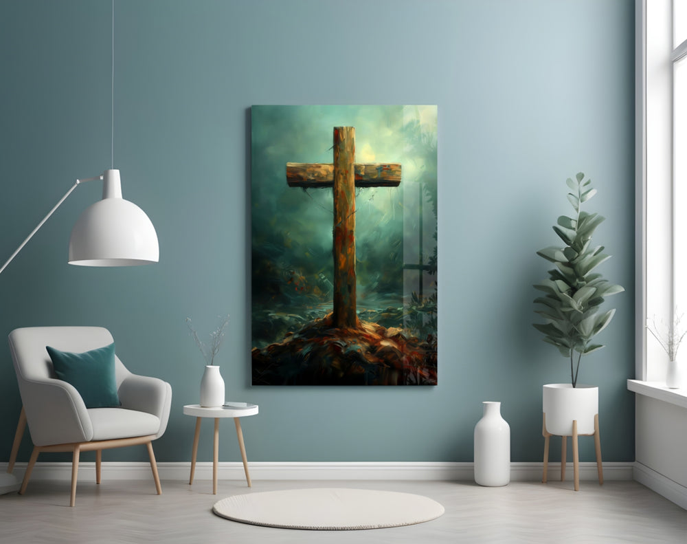 Cross panel adding editorial reverence to a hallway