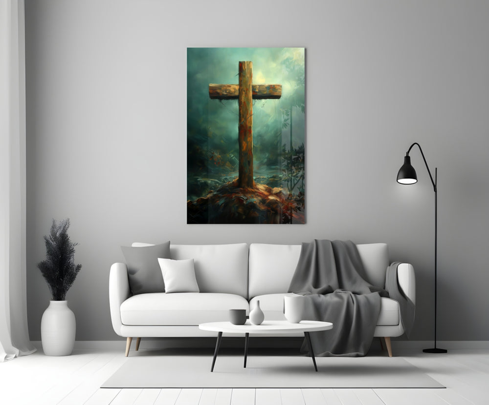 Cross glass wall art styled above a console in a study