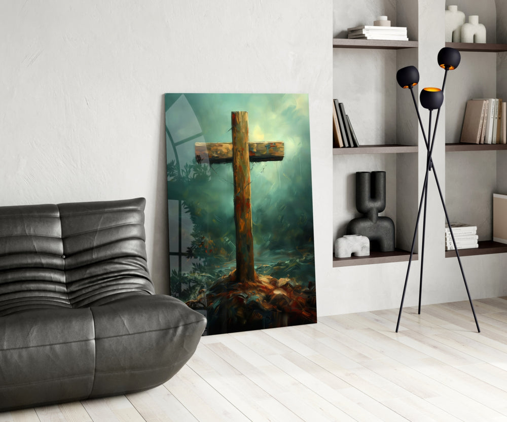Cross glass print enhancing a foyer with statement firepower