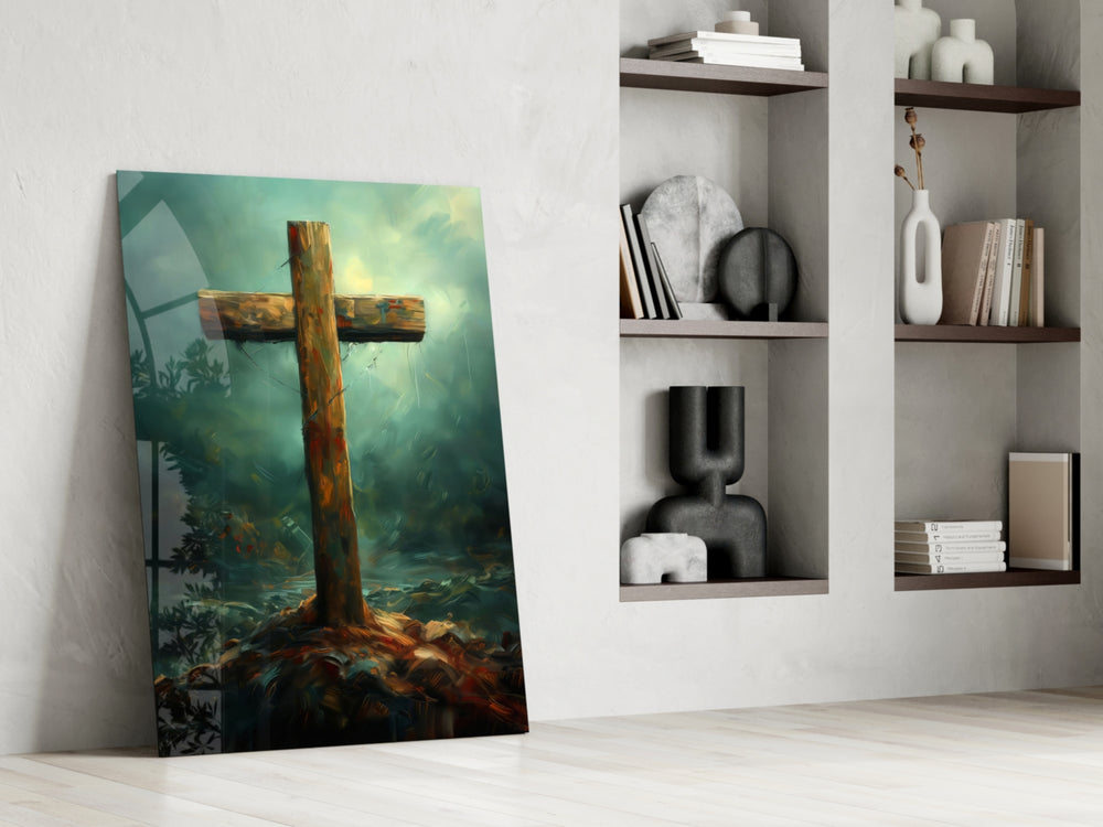 Hilltop-cross artwork anchoring a wall with teal-and-amber palette