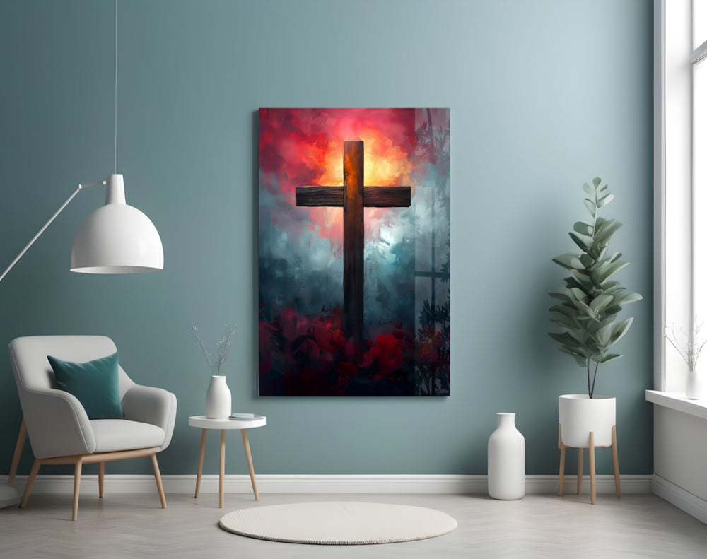 Cross panel adding editorial reverence to a hallway