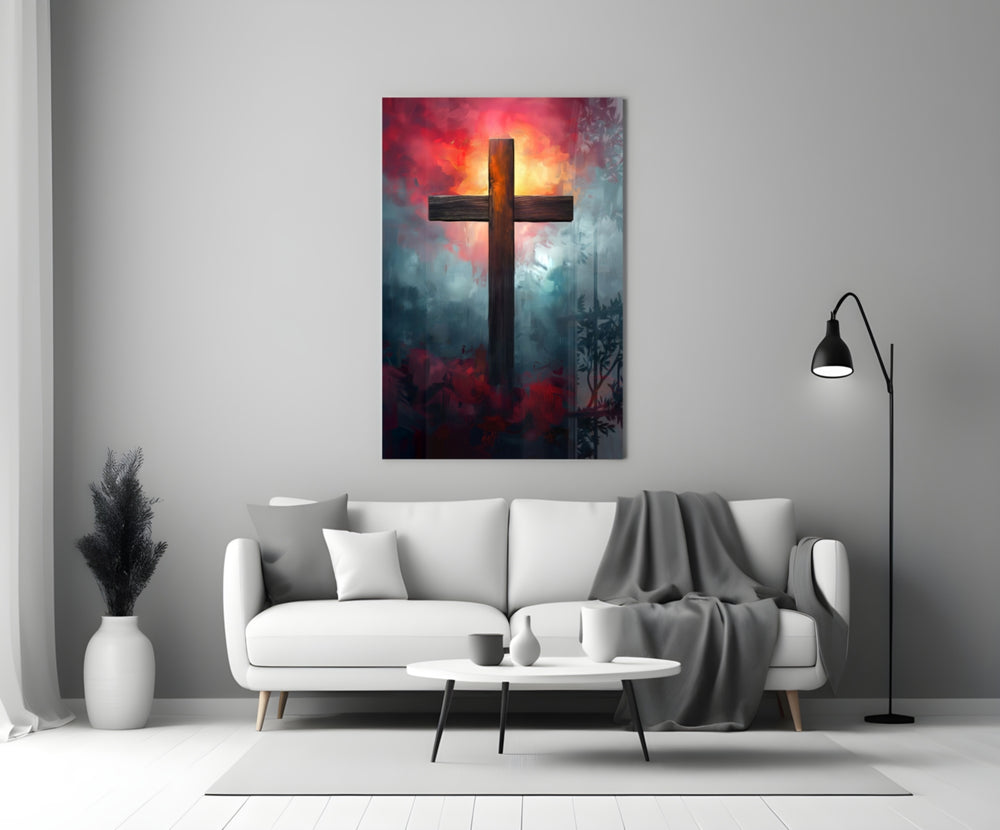 Cross glass wall art styled above a console in a chapel room