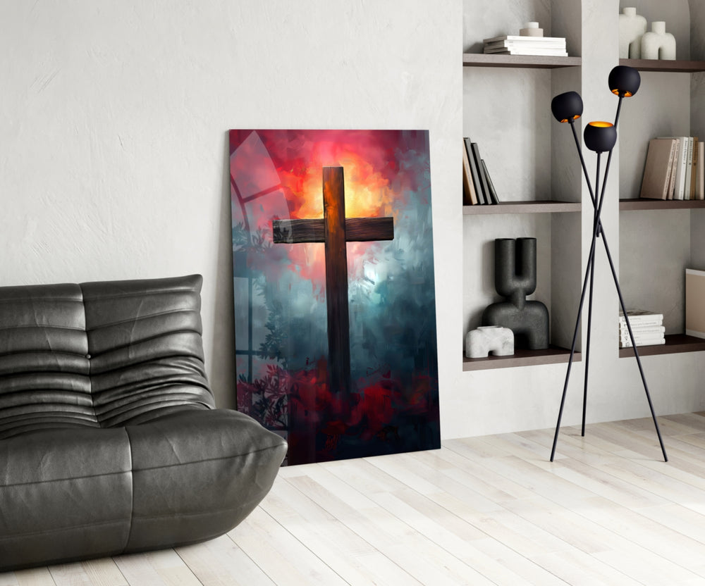 Cross glass print enhancing a foyer with statement firepower