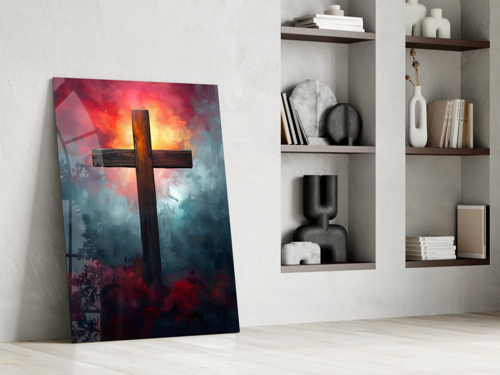 Sunset-cross artwork anchoring a wall with scarlet-and-teal palette