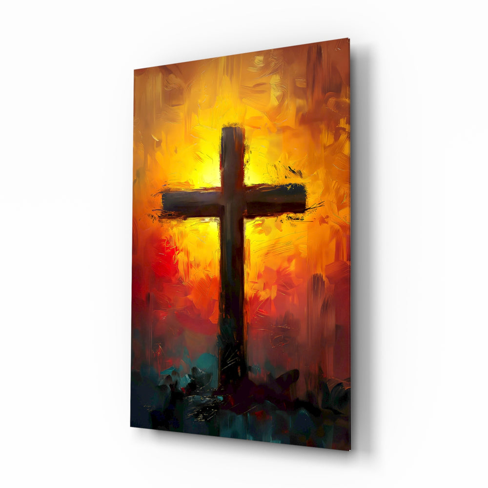 Painterly-spiritual panel bringing sunrise glow to a meditation corner