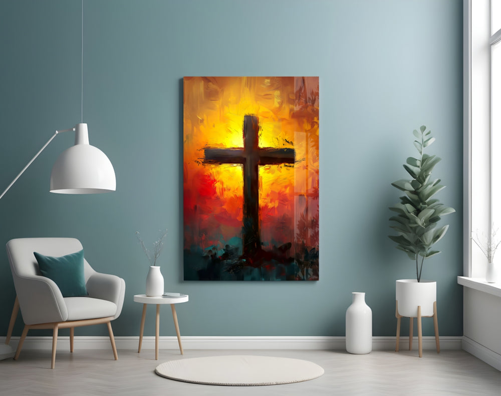 Cross panel adding editorial reverence to a hallway