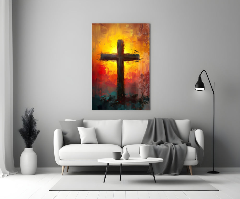 Cross glass wall art styled above a console in a chapel room