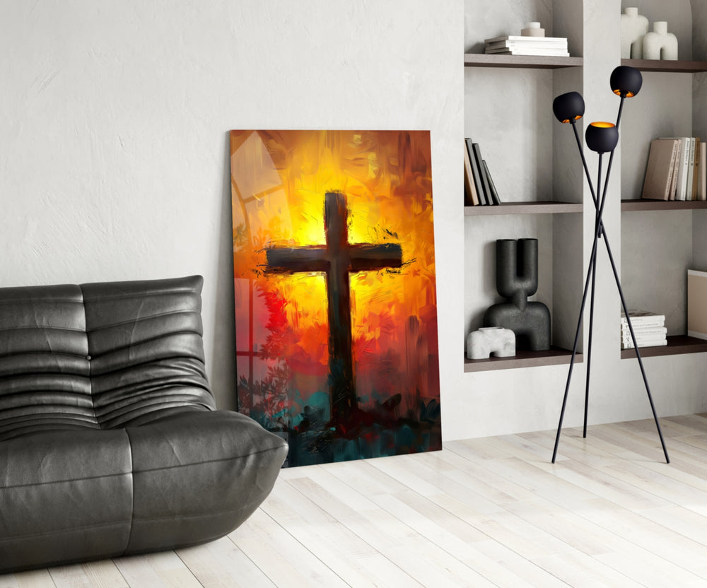 Cross glass print enhancing a foyer with statement firepower