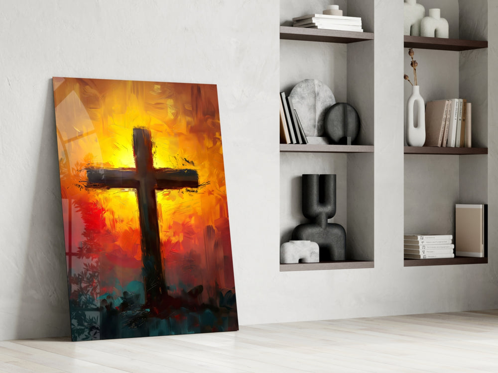 Sunrise-cross artwork anchoring a wall with amber-and-teal palette