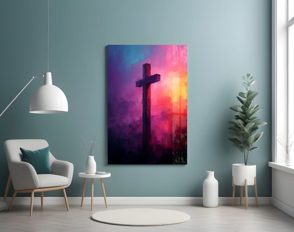 Cross panel adding editorial reverence to a hallway