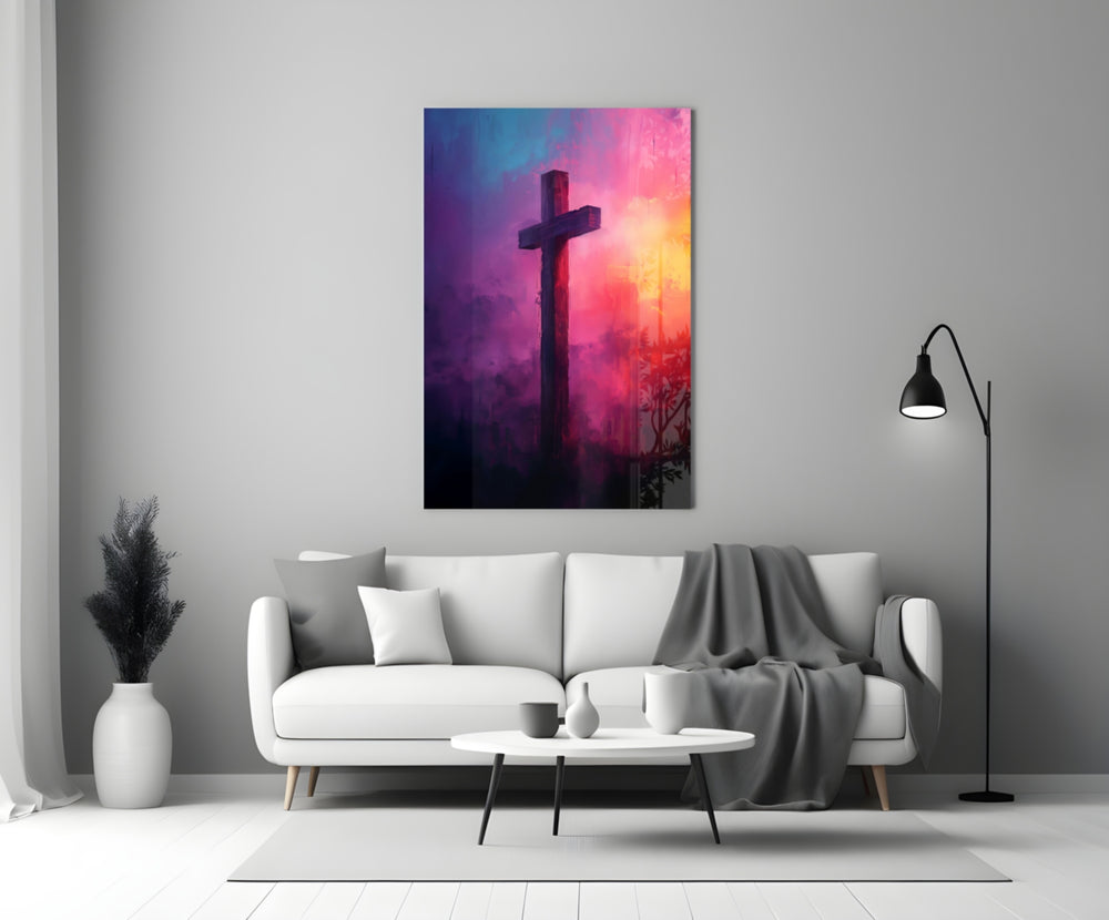 Cross glass wall art styled above a console in a study