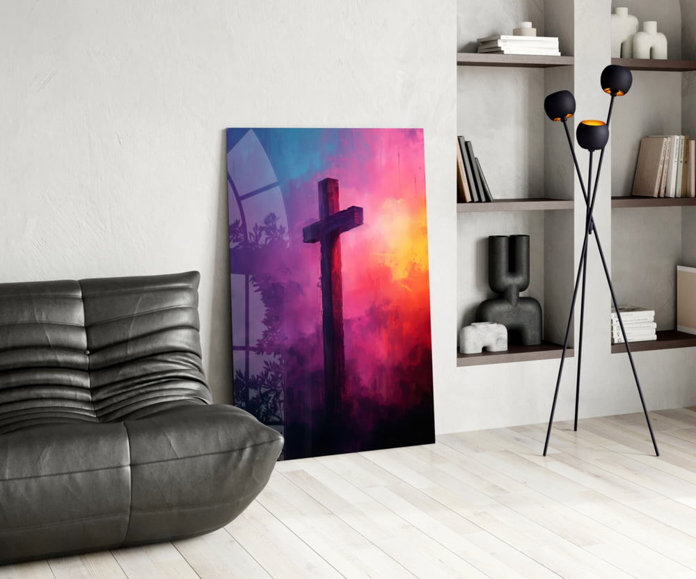 Cross glass print enhancing a foyer with statement firepower