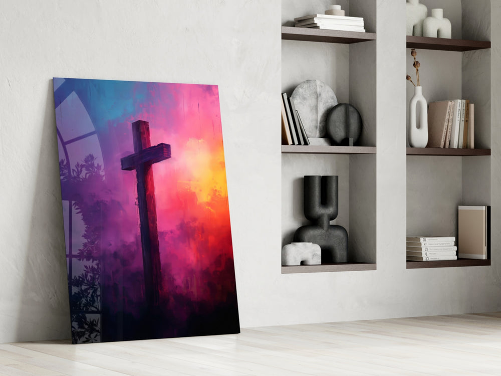 Magenta-sky-cross artwork anchoring a wall with magenta-and-violet palette