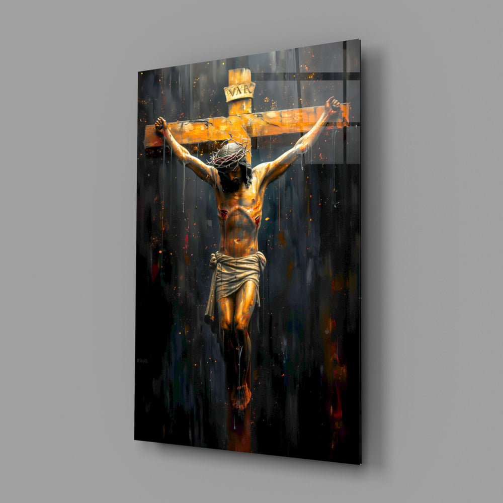 Cross close-up showing Christ on the cross with golden halo