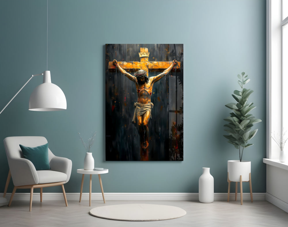 Cross panel adding editorial reverence to a hallway