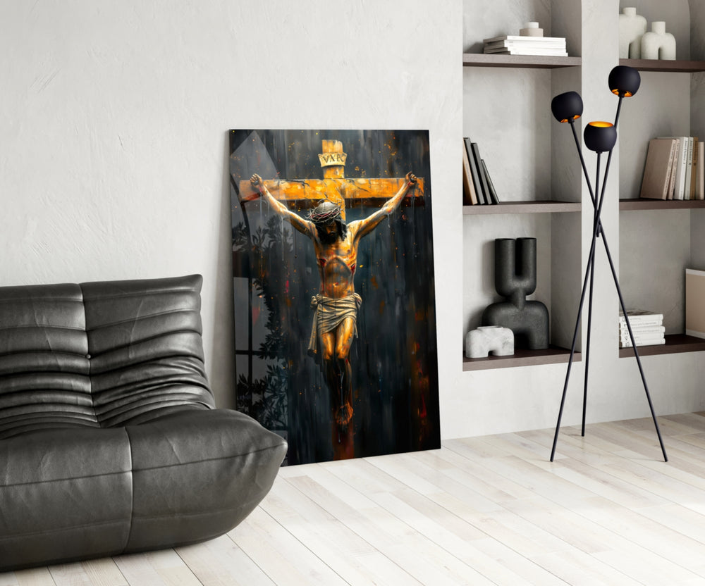Cross glass print enhancing a foyer with statement firepower