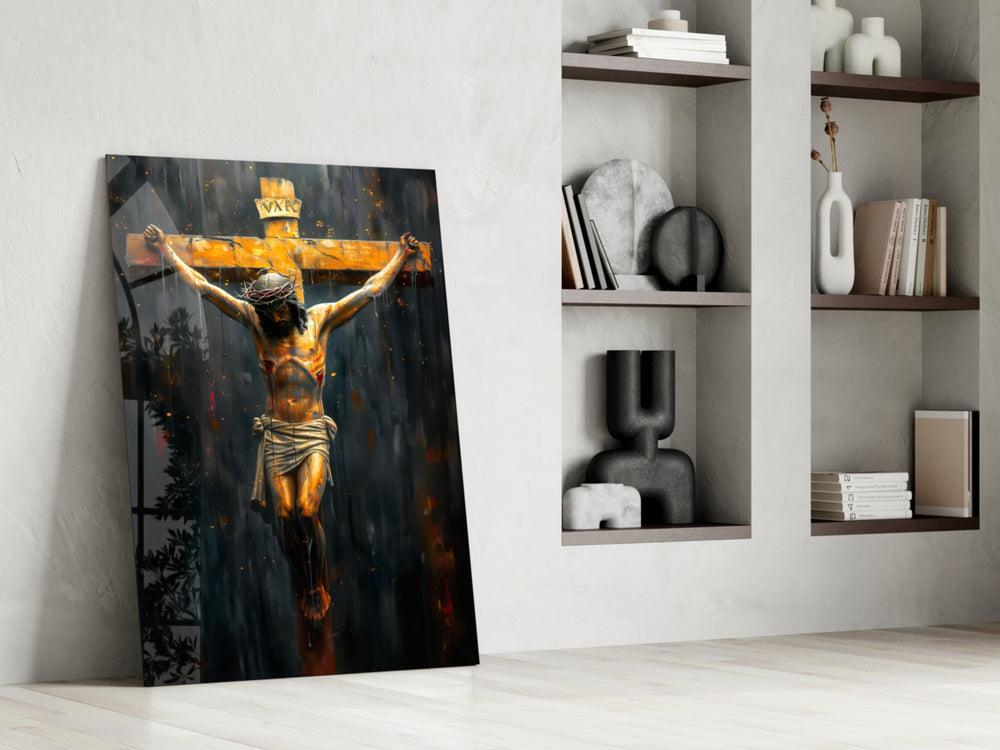 Crucifixion artwork anchoring a wall with gold-and-umber palette