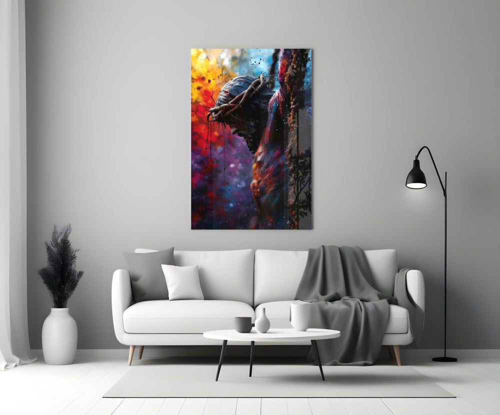 Cross glass wall art styled above a console in a teen den