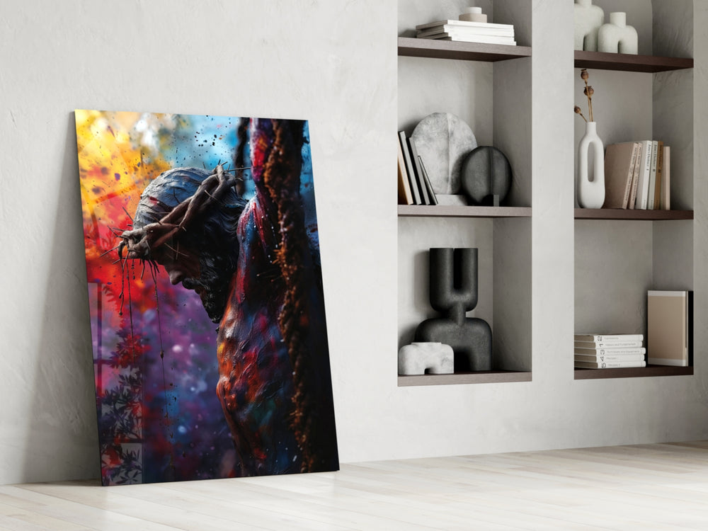 Pop-Crucifixion artwork anchoring a wall with magenta-and-tangerine palette