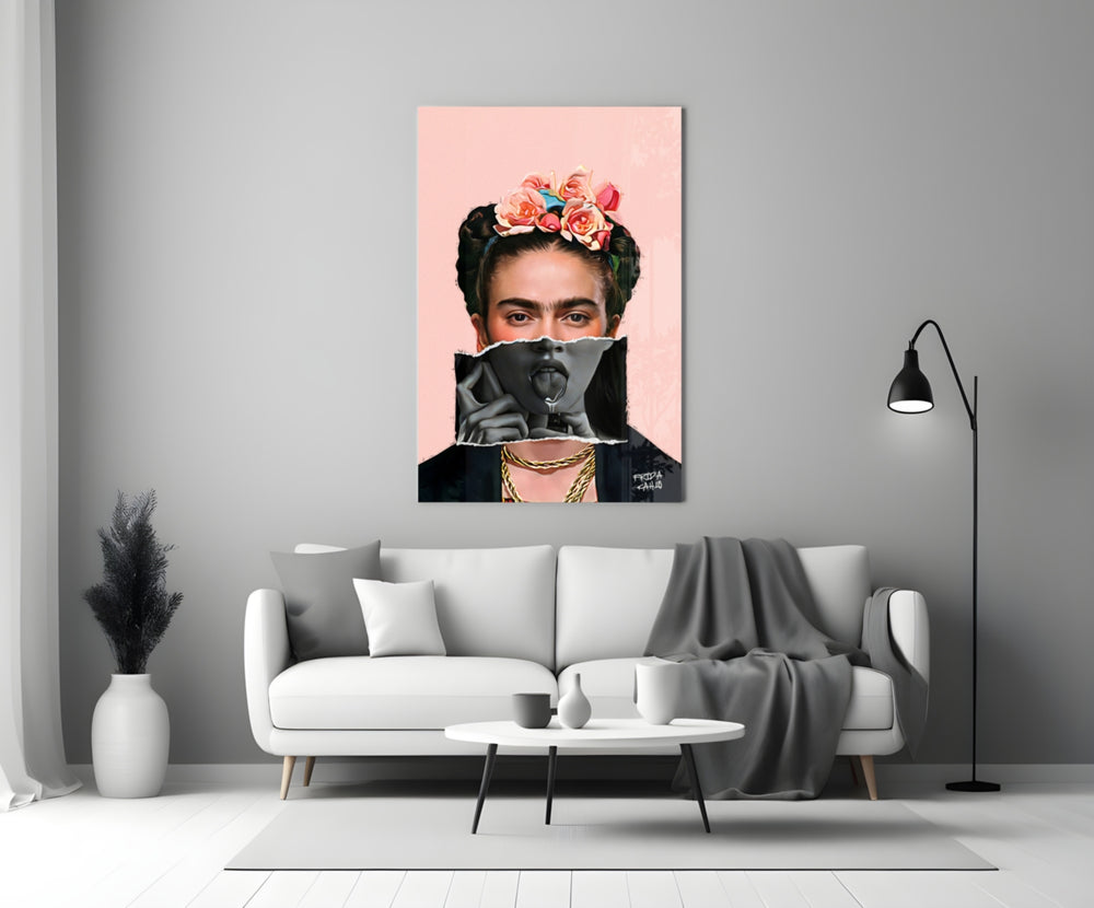 Contemporary Kahlo glass wall art styled above a console in a powder room